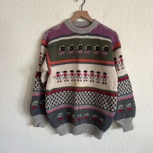 Vintage Hand Knit Wool Colorful Mixed Pattern Crewneck Sweater Large Heavyweight